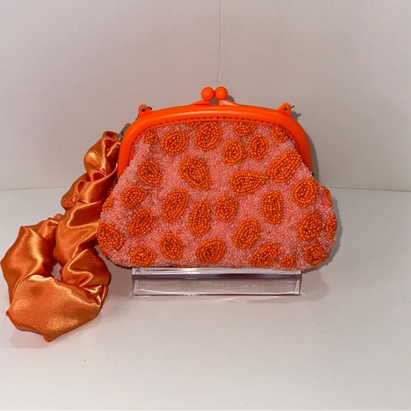 Orange Beaded Kiss Lock Clutch Handbag with Satin Ruffled Strap
